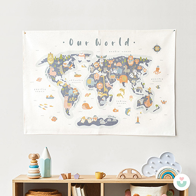 Hayvanlar Alemi Dünya Haritası Duvar Örtüsü, Mavi - Jüppo