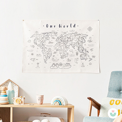 Hayvanlar Alemi Dünya Haritası Duvar Örtüsü, Siyah-Beyaz - 5