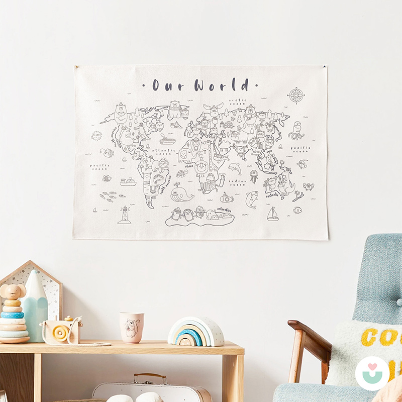 Hayvanlar Alemi Dünya Haritası Duvar Örtüsü, Siyah-Beyaz - 5