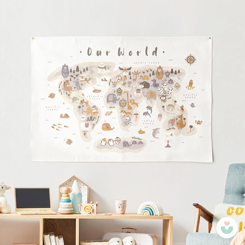 Hayvanlar Alemi Dünya Haritası Duvar Örtüsü, Toprak Tonları - 1