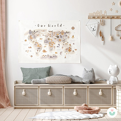 Hayvanlar Alemi Dünya Haritası Duvar Örtüsü, Toprak Tonları - 3