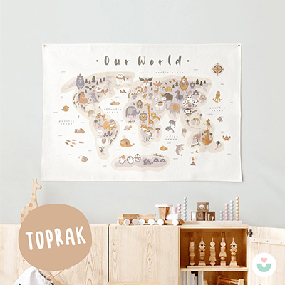 Hayvanlar Alemi Dünya Haritası Duvar Örtüsü, Toprak Tonları - 5