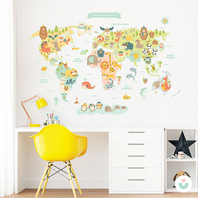 Hayvanlar Alemi Dünya Haritası Duvar Sticker - Jüppo