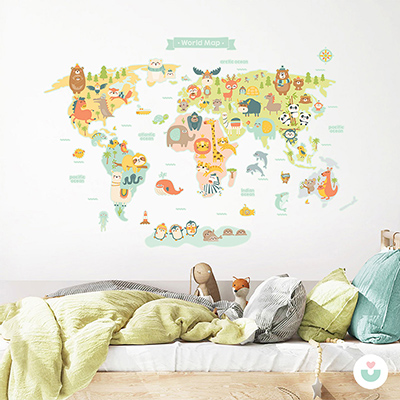 Hayvanlar Alemi Dünya Haritası İngilizce Duvar Sticker - Jüppo