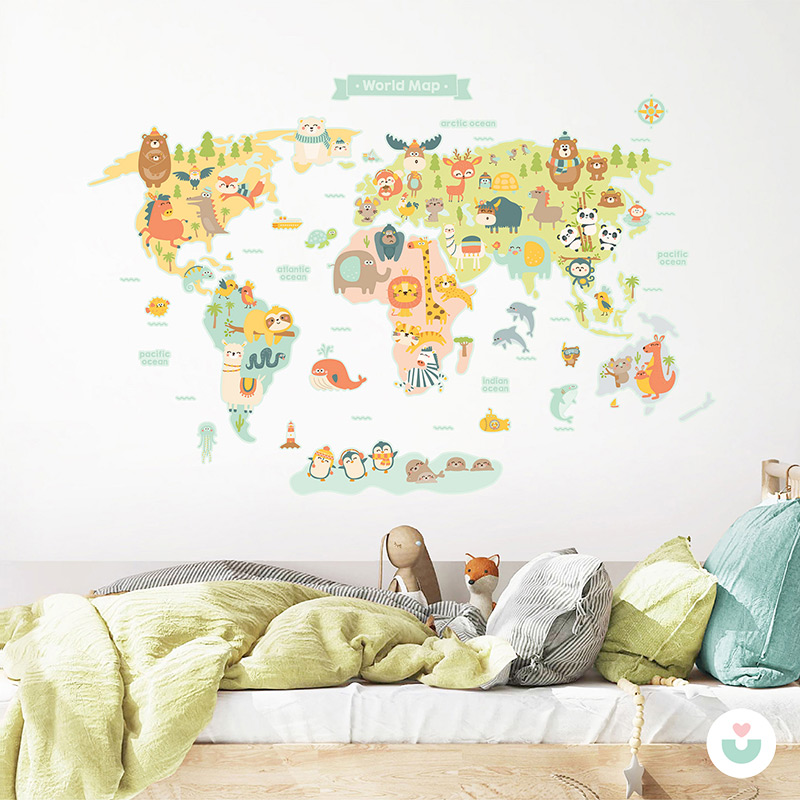 Hayvanlar Alemi Dünya Haritası İngilizce Duvar Sticker - 1