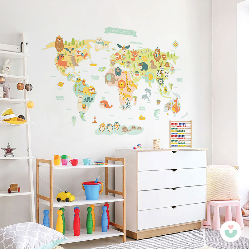 Hayvanlar Alemi Dünya Haritası İngilizce Duvar Sticker - 2