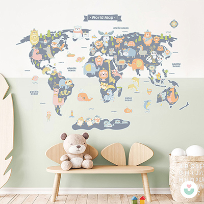 Hayvanlar Alemi Dünya Haritası İngilizce Duvar Sticker-Mavi - Jüppo