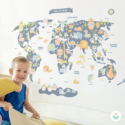 Hayvanlar Alemi Dünya Haritası İngilizce Duvar Sticker-Mavi - Jüppo (1)