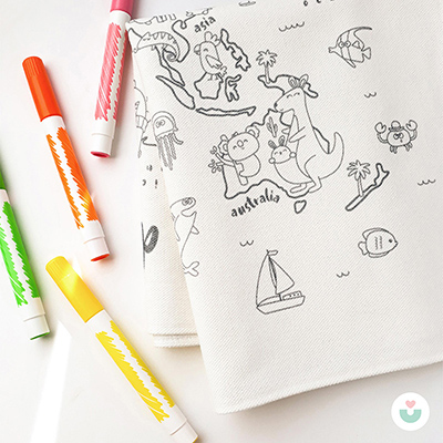 Hayvanlar Alemi Dünya Haritası Boyama Duvar Örtüsü – Organik Pamuk + Kumaş Kalem Seti - 2