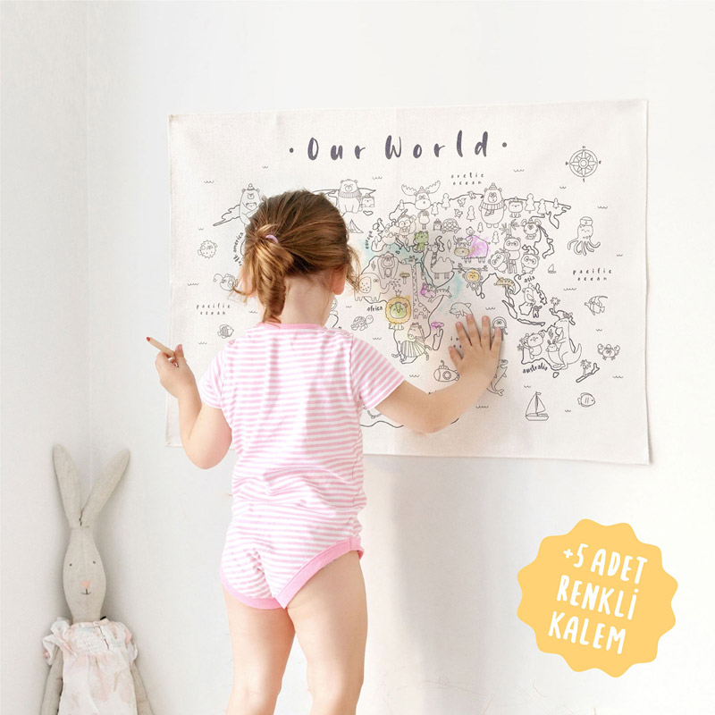 Hayvanlar Alemi Dünya Haritası Boyama Duvar Örtüsü – Organik Pamuk + Kumaş Kalem Seti - 4
