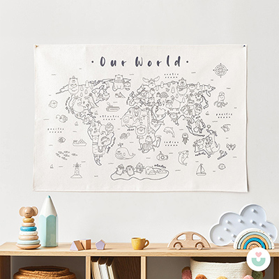 Hayvanlar Alemi Dünya Haritası Boyama Duvar Örtüsü – Organik Pamuk + Kumaş Kalem Seti - 5