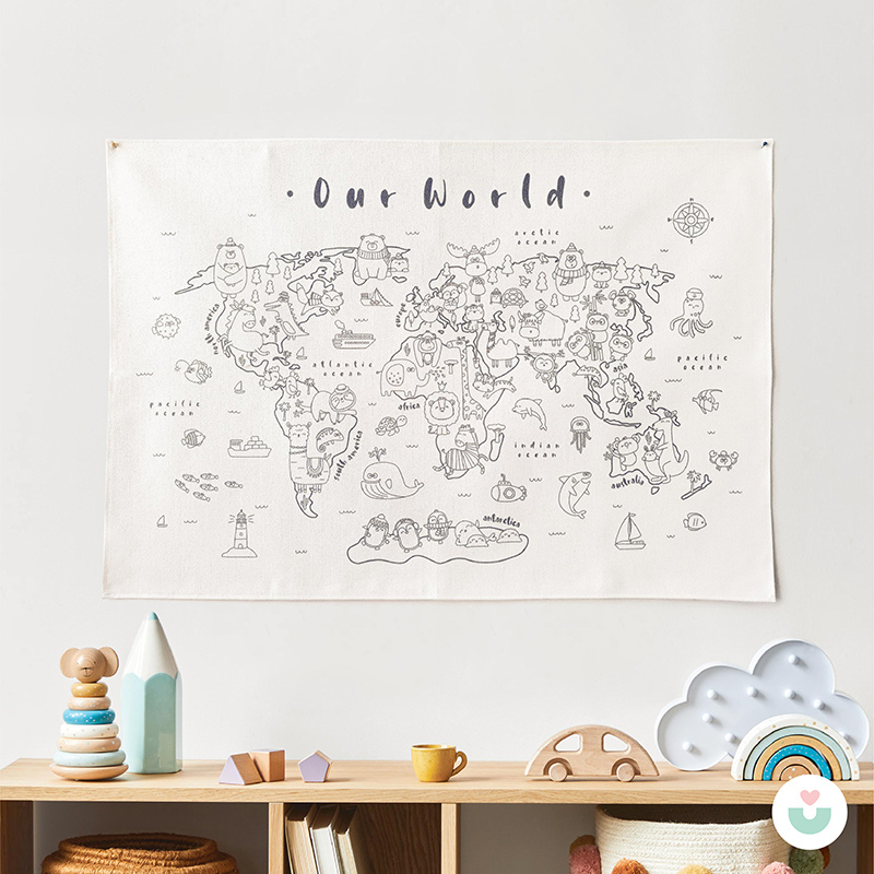 Hayvanlar Alemi Dünya Haritası Boyama Duvar Örtüsü – Organik Pamuk + Kumaş Kalem Seti - 5