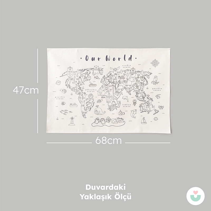 Hayvanlar Alemi Dünya Haritası Boyama Duvar Örtüsü – Organik Pamuk + Kumaş Kalem Seti - 6