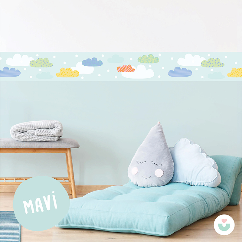 Mutlu Bulutlar Sticker Duvar Bordürü - Mavi - 3