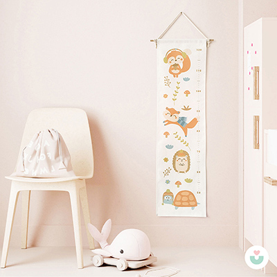 Orman Hayvanları Duvar Örtüsü Boy Cetveli, Organik Pamuk Kumaş - Jüppo