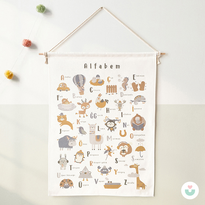 Türkçe Alfabe Duvar Örtüsü, Organik Pamuk Kumaş - 1
